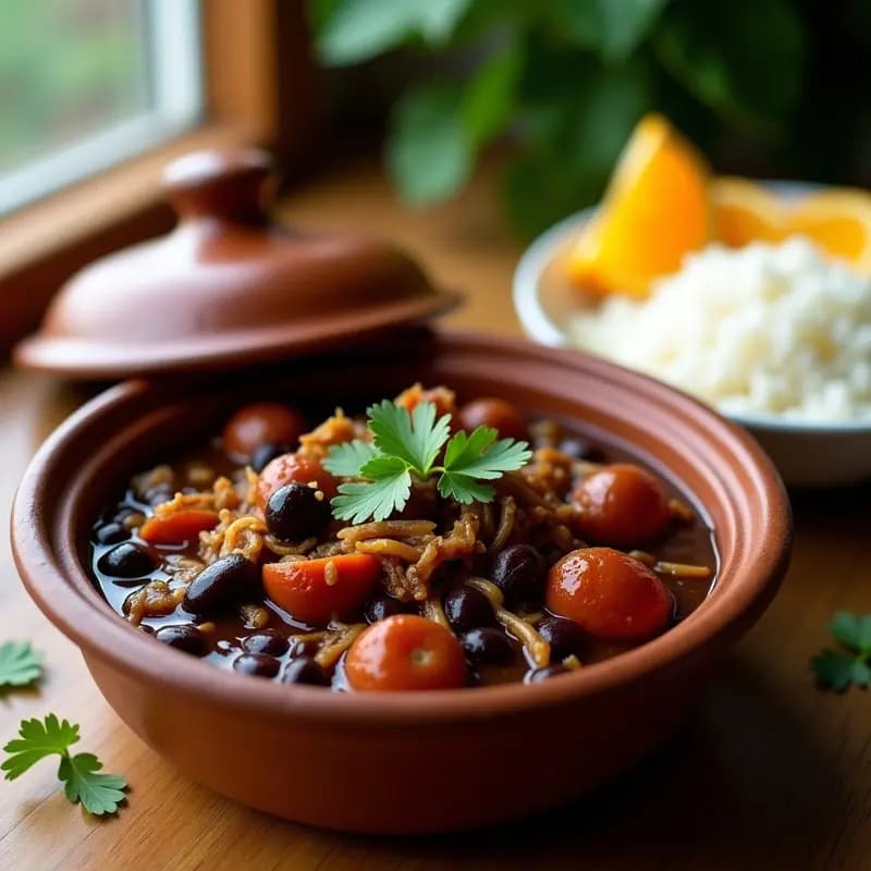 Olla de barro con feijoada vegetariana humeante, frijoles negros, trozos de jackfruit y chorizo vegano dorado, decorado con cilantro fresco, servido en plato hondo rústico con arroz blanco y rodajas de naranja al lado.