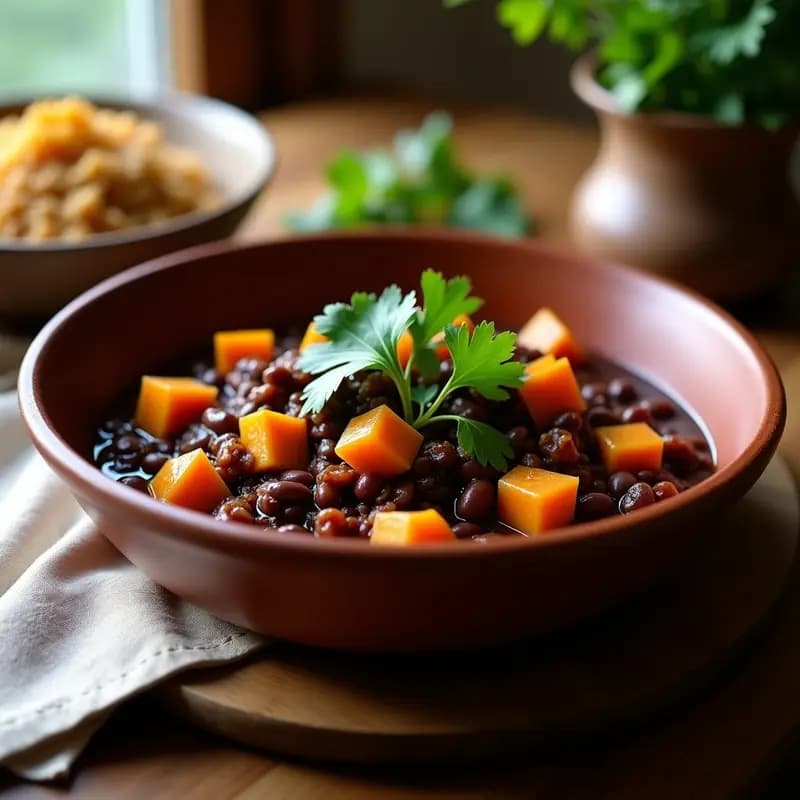 Plato hondo de barro con Feijoada Vegetariana con Jackfruit y Calabaza, estofado oscuro y espeso con trozos de jackfruit desmenuzado, calabaza dorada y frijoles negros, decorado con cilantro fresco. Acompañado de arroz integral y farofa de mandioca en un mantel rústico de lino.