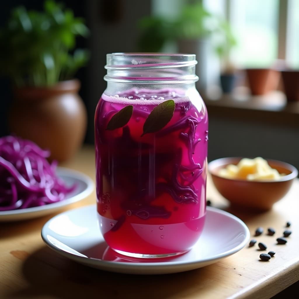 Frasco de vidrio transparente lleno de fermentado de col morada y jengibre, con trozos de col morada violácea y jengibre rallado en un líquido turbio. El frasco está sobre una mesa de madera rústica con hojas de laurel y semillas de mostaza esparcidas alrededor, mostrando el proceso casero de fermentación probiótica.