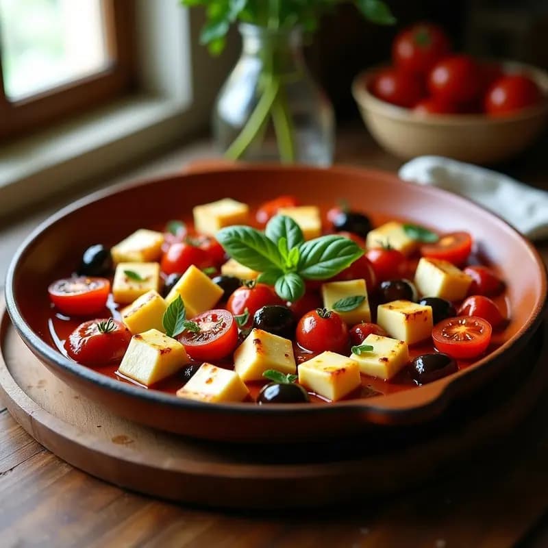 Bandeja de horno con cubos dorados de queso fetta griego, tomates cherry asados y aceitunas Kalamata, decorado con albahaca fresca y un hilo de miel de tomillo, receta griega rápida.