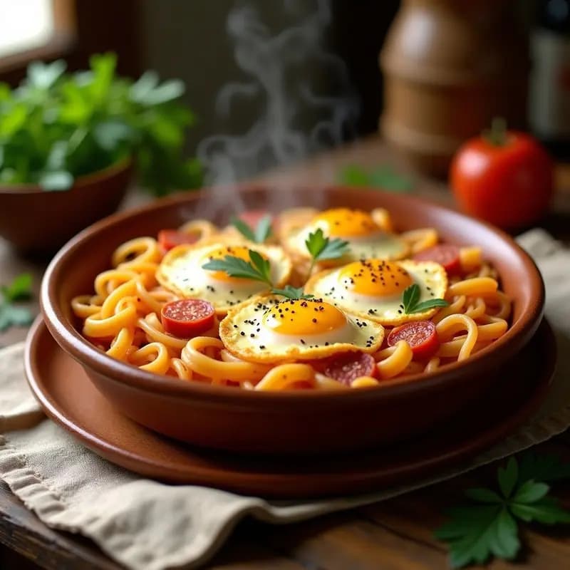 Cazuela de barro con fideos gruesos en caldo dorado, coronados por una costra dorada y esponjosa de huevo y chorizo, receta aragonesa tradicional.