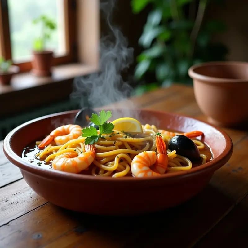Cazuela de barro con fideos gruesos cocinados en caldo de pescado, mezclados con gambas, mejillones y calamares. El plato tiene un color dorado intenso gracias al toque ahumado de las ñoras y está decorado con perejil fresco y rodajas de limón. Receta catalana tradicional de fideos con marisco y ñoras.