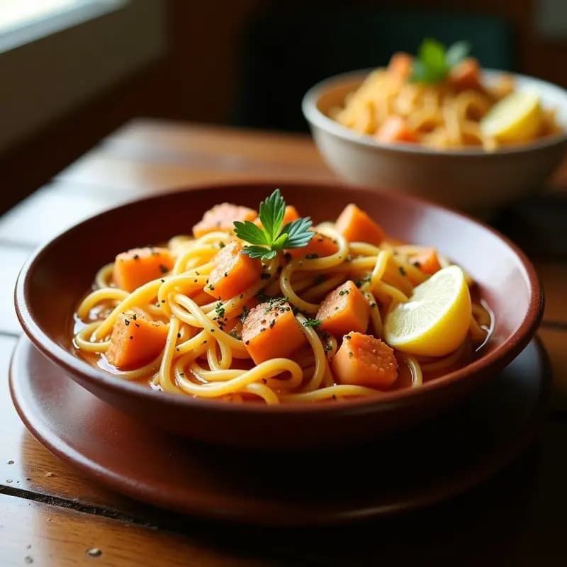 Plato hondo de barro con fideuá de bogavante y ñoras, fideos dorados bañados en caldo aromático, trozos de bogavante y decoración con limón, receta tradicional de Costa Brava en olla exprés.