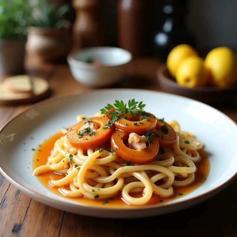 Paellera de hierro con fideuá de calamares y ñoras, fideos gruesos dorados mezclados con trozos de calamar, decorada con perejil fresco y anillas de calamar fritas, sobre fondo rústico de madera.