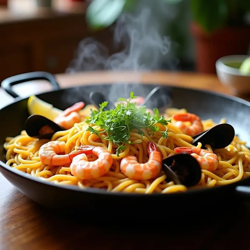 Paellera de hierro con fideuá de mariscos y algas humeante, fideos dorados mezclados con gambas, mejillones y calamares, decorada con gajos de limón y algas verdes sobre fondo de madera rústica.