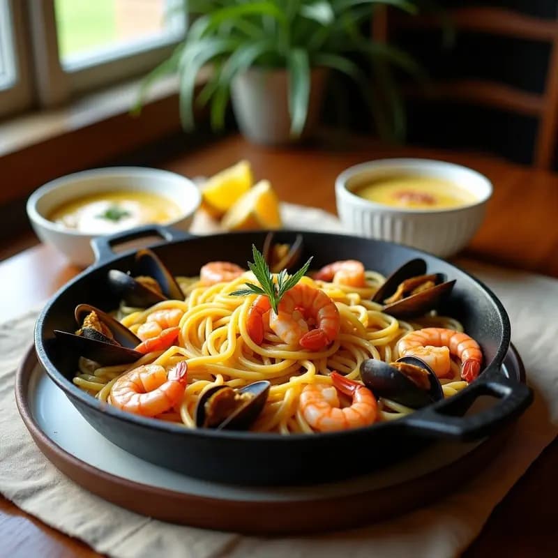 Sartén de hierro fundido con fideuá de mariscos humeante, gambas rosadas, mejillones abiertos y calamares sobre fideos dorados, acompañada de un bol de alioli cremoso y rodajas de limón, receta tradicional de la Costa Brava.