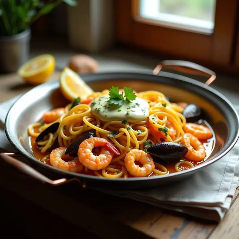 Paellera de acero con fideuá de mariscos humeante, fideos gruesos mezclados con gambas, mejillones y calamares, acompañada de alioli casero cremoso y perejil fresco, receta valenciana tradicional.