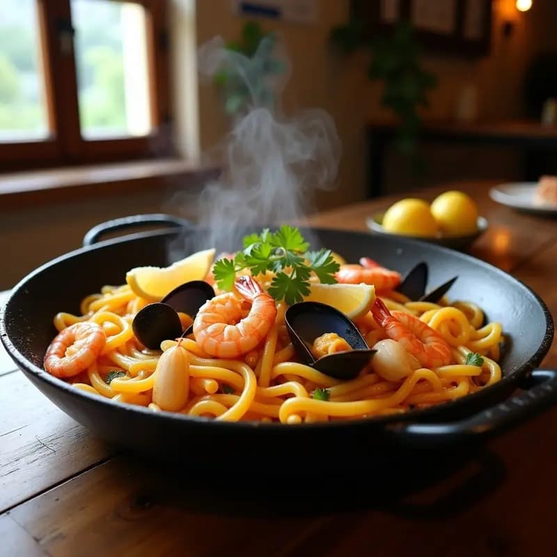 Paellera de hierro negro con fideuá de mariscos humeante, fideos gruesos dorados mezclados con gambas rosadas, mejillones y calamares, decorada con perejil fresco y gajos de limón, sobre fondo rústico de madera con luz natural.