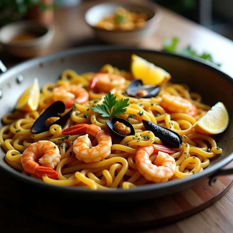Paellera de acero con fideuà de mariscos al estilo Delta del Ebro, fideos gruesos dorados con gambas, mejillones y calamares, decorada con limón y azafrán.