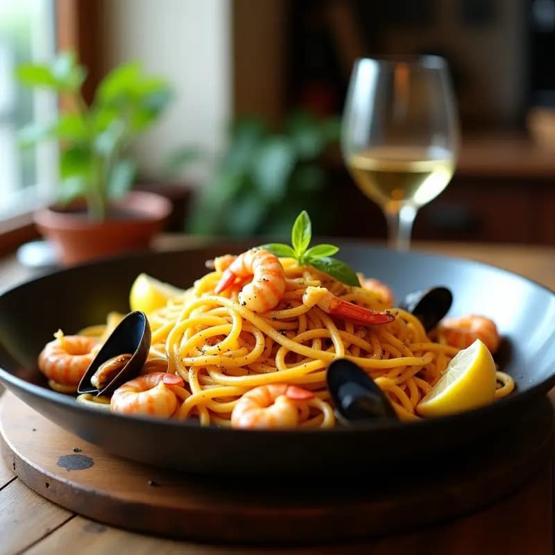 Sartén de acero con fideuá de mariscos valenciana, fideos dorados con socarrat, gambas, mejillones y calamares, decorada con gajos de limón y hebras de azafrán sobre fondo rústico de madera.