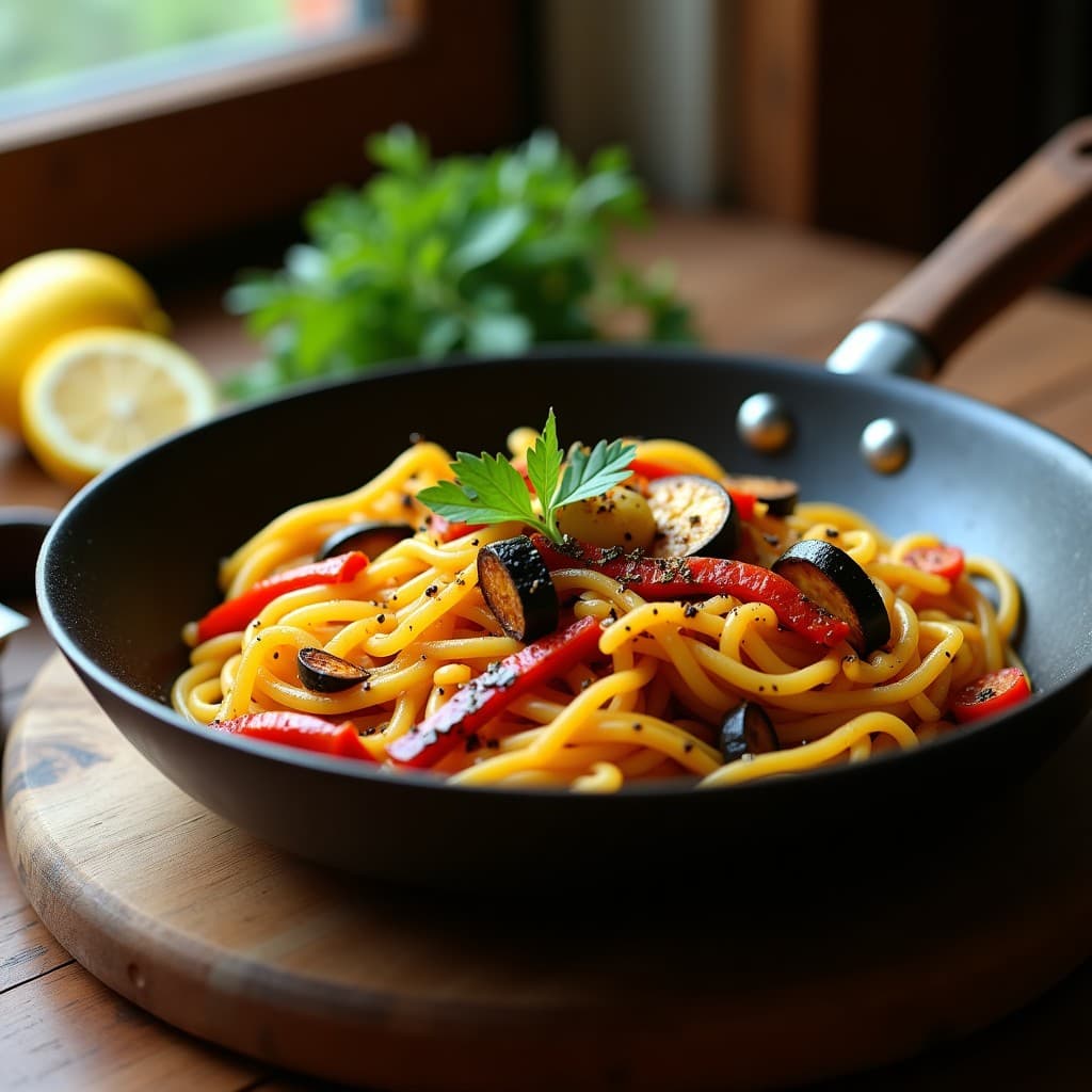 Fideuá vegana en sartén antiadherente con fideos dorados, trozos de berenjena, calabacín, pimiento asado y algas dulse, decorada con perejil fresco y gajos de limón.