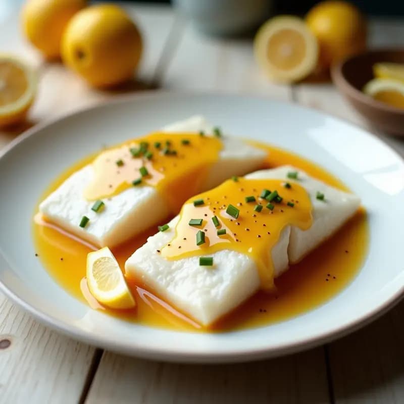 Filete de merluza al vapor sobre plato blanco, cubierto con salsa brillante de cítricos y jengibre, decorado con cebollino fresco y rodajas de limón, receta china light y saludable.
