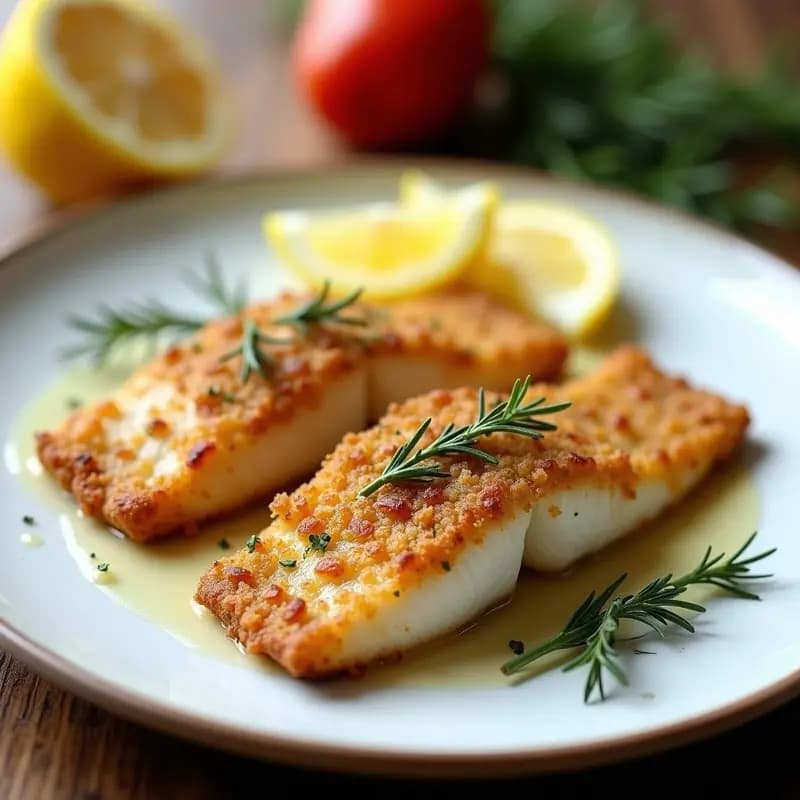 Filetes de merluza dorados con costra crujiente de almendras y hierbas provenzales, servidos en un plato blanco con rodajas de limón y hierbas frescas, receta francesa en airfryer en 12 minutos.