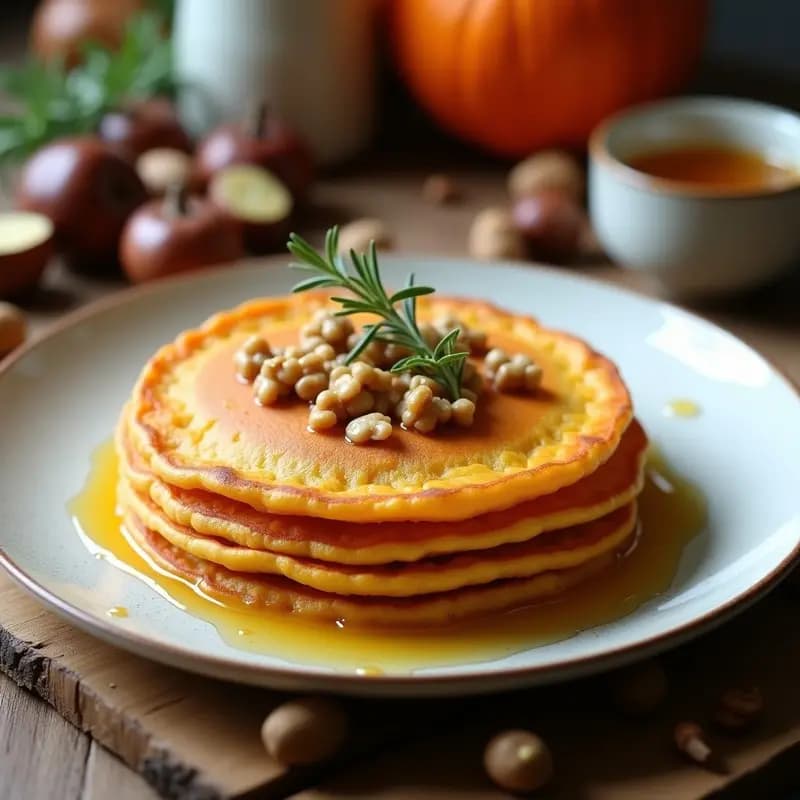 Pila de filloas gallegas doradas y esponjosas de harina de castaña y calabaza, servidas en un plato rústico de cerámica con nueces picadas y un chorrito de miel. Desayuno tradicional sin gluten.