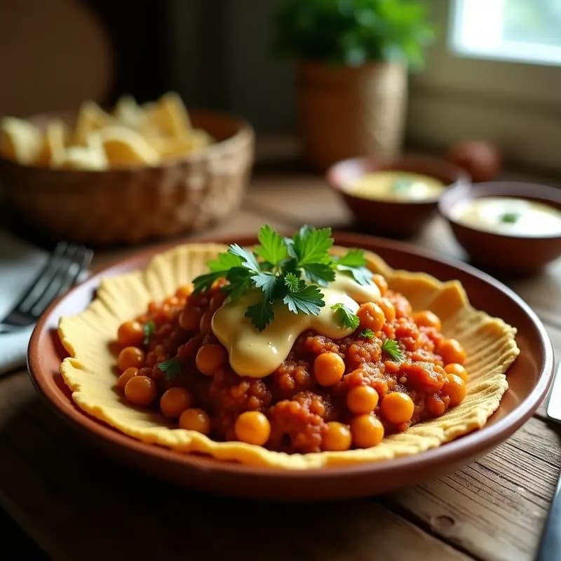 Plato tradicional etíope de fitfiti con trozos dorados de injera mezclados con garbanzos en salsa de berbere, decorado con perejil fresco y un toque de tahini. Receta vegana y sin horno.