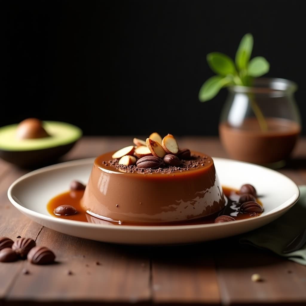 Flan de aguacate y cacao keto vegano servido en molde transparente, con textura cremosa y decorado con almendras fileteadas tostadas y virutas de cacao sobre fondo oscuro.