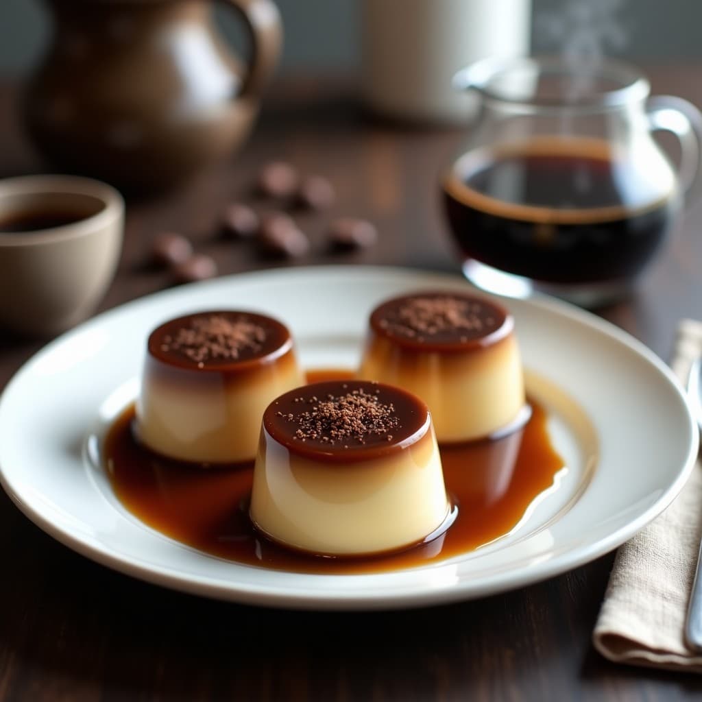 Flan de café con cacao keto sin azúcar en moldes individuales de cristal, con superficie brillante y color marrón oscuro. Servido sobre plato blanco con virutas de cacao puro y una taza de café al fondo. Receta Thermomix.