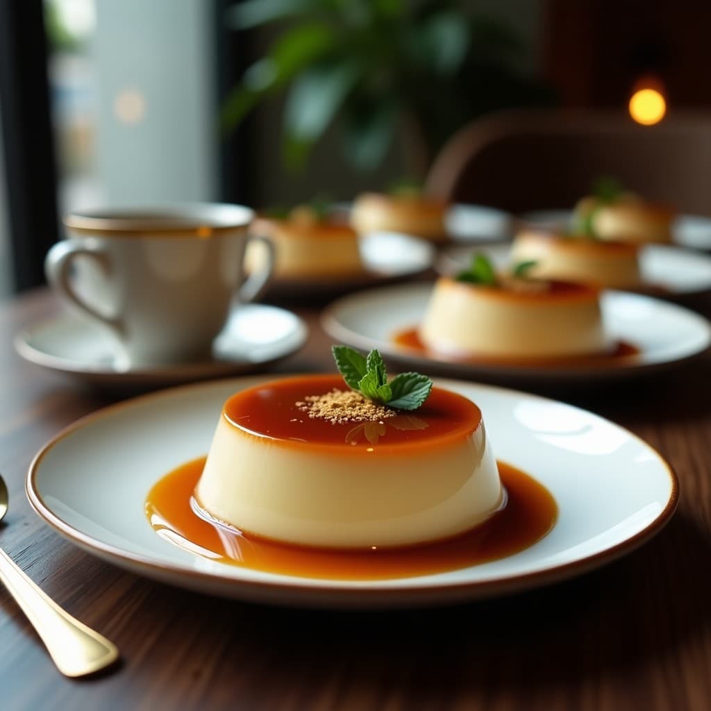 Flan de café y cardamomo con sirope de arce en molde individual de porcelana blanca, con superficie lisa y brillante, decorado con un hilo dorado de sirope y semillas de cardamomo. Postre francés vegano elegante.