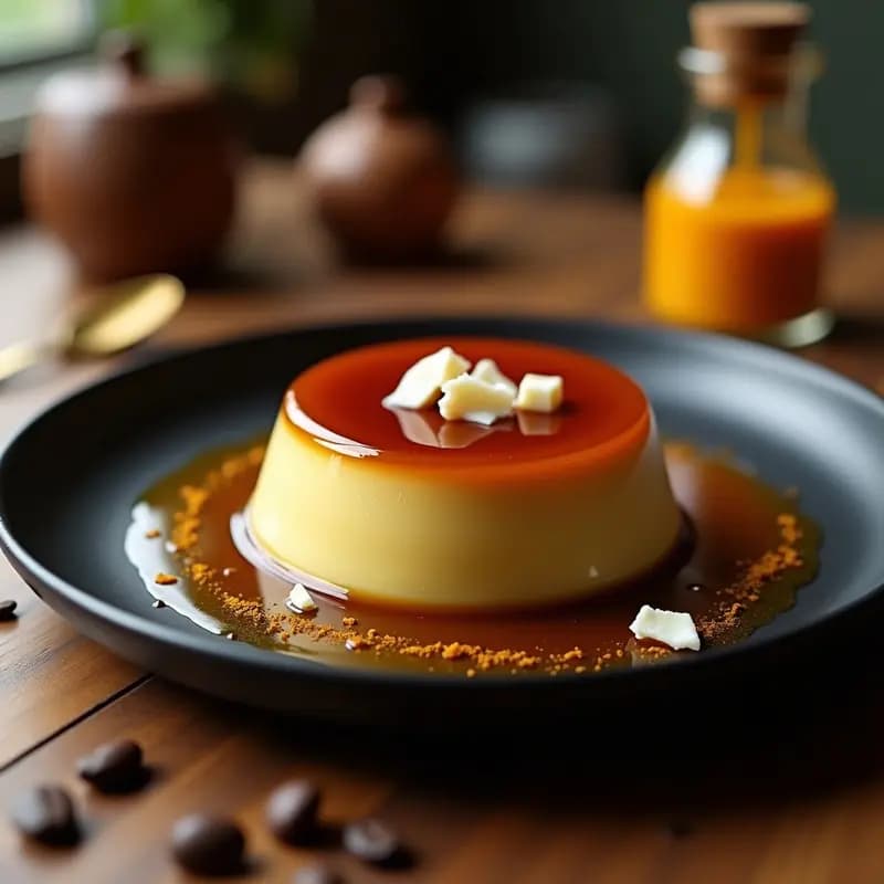 Flan de café y cúrcuma sin azúcar en molde de porcelana blanca, con caramelo dorado brillante y superficie lisa. Acompañado de virutas de coco tostado y una pizca de cúrcuma en polvo espolvoreada. Postre francés antiinflamatorio servido en plato negro con fondo rústico de madera.