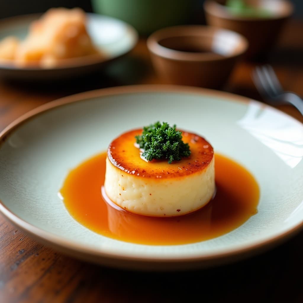 Flan cremoso color marfil con vetas verdes de alga nori, bañado en salsa de tamarindo dorada y decorado con semillas de sésamo negro, servido en plato de cerámica blanca sobre fondo oscuro.