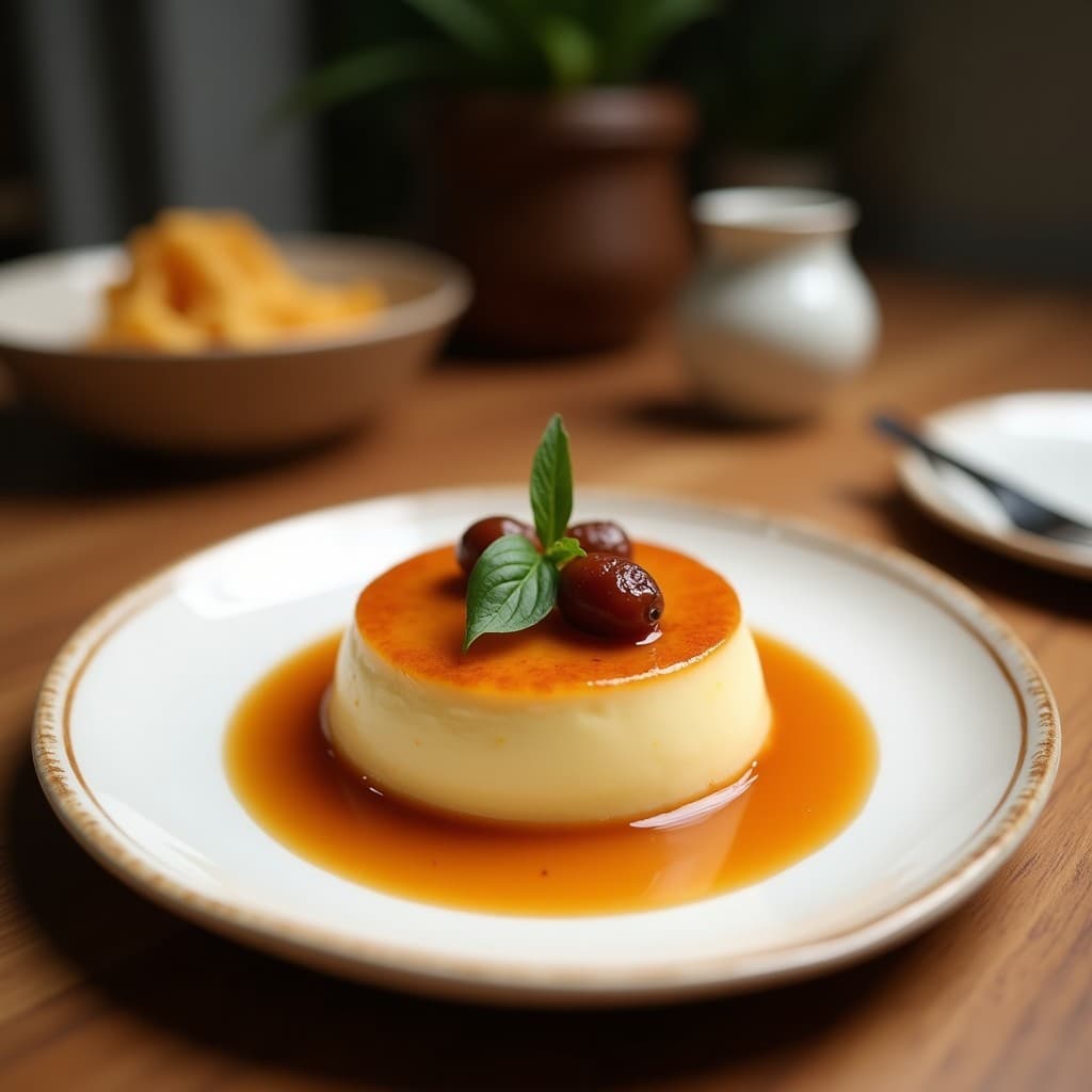 Flan vegano de coco y chía con caramelo de dátiles dorado, servido en plato blanco sobre fondo rústico. Textura cremosa con semillas de chía visibles y coco rallado espolvoreado.