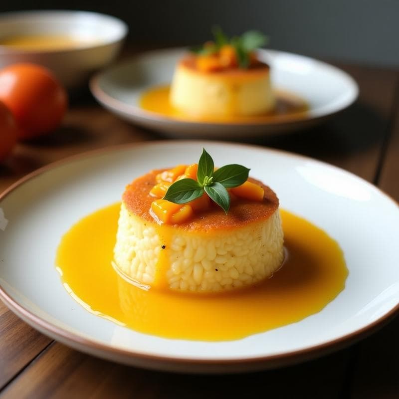Flan de coco y chía en copas de cristal transparente, con textura cremosa y capas visibles de semillas de chía, coronado por una salsa brillante de maracuyá dorada y decorado con coco rallado. Postre sin horno y sin azúcar sobre fondo blanco.