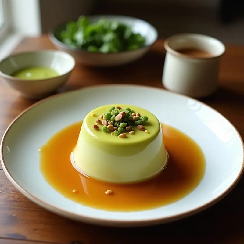 Flan francés en plato blanco con caramelo dorado de erythritol, textura sedosa de coco y matcha, decorado con coco rallado y hojas de menta.