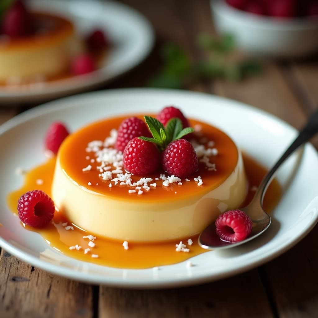 Flan de París dorado con caramelo de stevia y agua de rosas, desmoldado en plato blanco con coco rallado sin azúcar y frambuesas. Postre francés sin azúcar y sin lactosa.