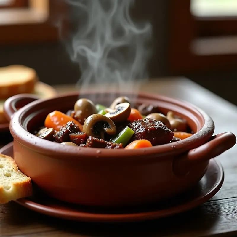 Cazuela de barro humeante con flanco de ternera estofado en salsa oscura, setas enteras y trozos de zanahoria, servido en plato hondo rústico con una rebanada de pan. Receta de montaña con toque gourmet.