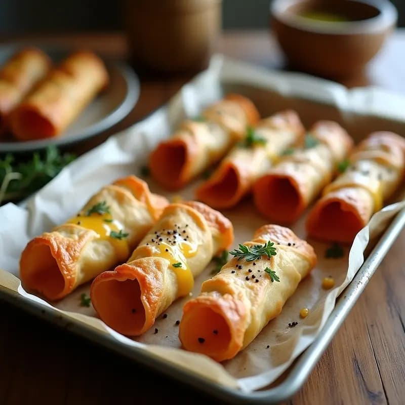 Bandeja de horno con flautas de jamón y queso doradas y crujientes, rellenas de jamón serrano y queso manchego, servidas sobre papel de horno con un toque de orégano.
