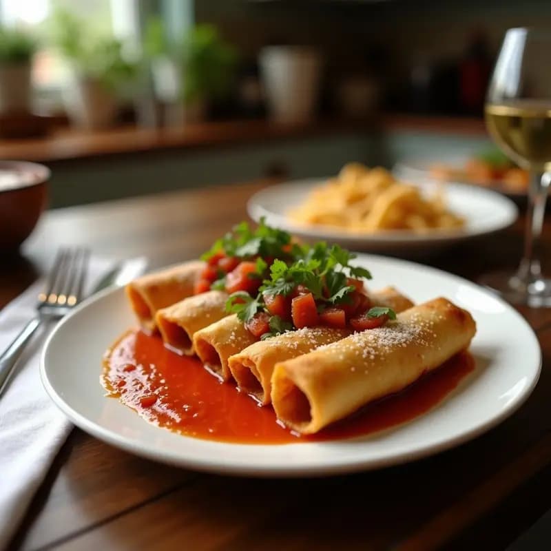 Plato blanco con seis flautas de pringá doradas y crujientes, servidas sobre papel de horno, acompañadas de un cuenco pequeño con salsa brava espesa y picante. Receta tradicional sevillana de tapa crujiente y picante.