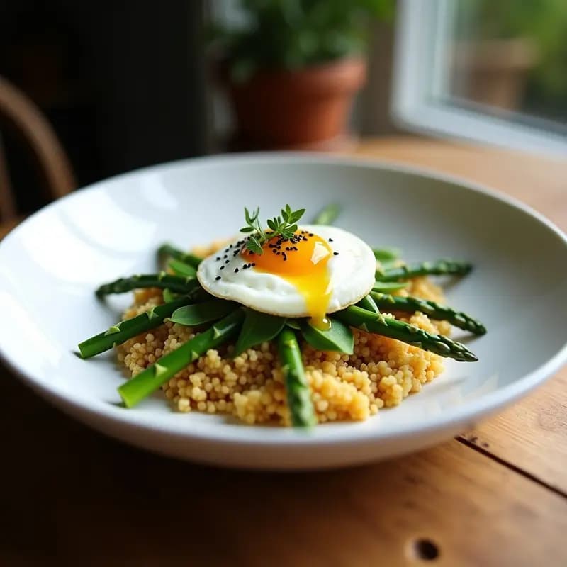 Plato blanco ovalado con Florentine de espárragos trigueros salteados, huevo pochado de yema líquida sobre copos de quinoa tostada dorada, decorado con cebollino, rúcula baby y semillas de sésamo negro. Receta francesa sin gluten para desayuno gourmet.
