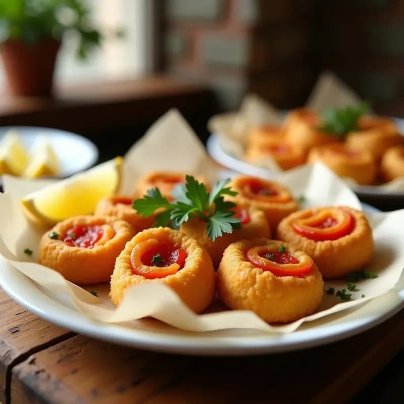 Plato blanco con flores de bacalao doradas y crujientes, rellenas de pimientos asados rojos, servidas sobre papel absorbente con rodajas de limón y perejil fresco. Tapa tradicional andaluza lista para comer.