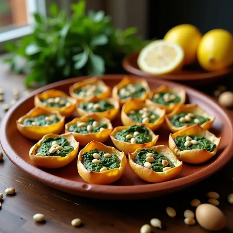 Flores de bachalo rellenas de espinacas y piñones, horneadas y doradas, servidas en una bandeja rústica de barro con rodajas de limón al lado. Receta tradicional de la costa catalana.