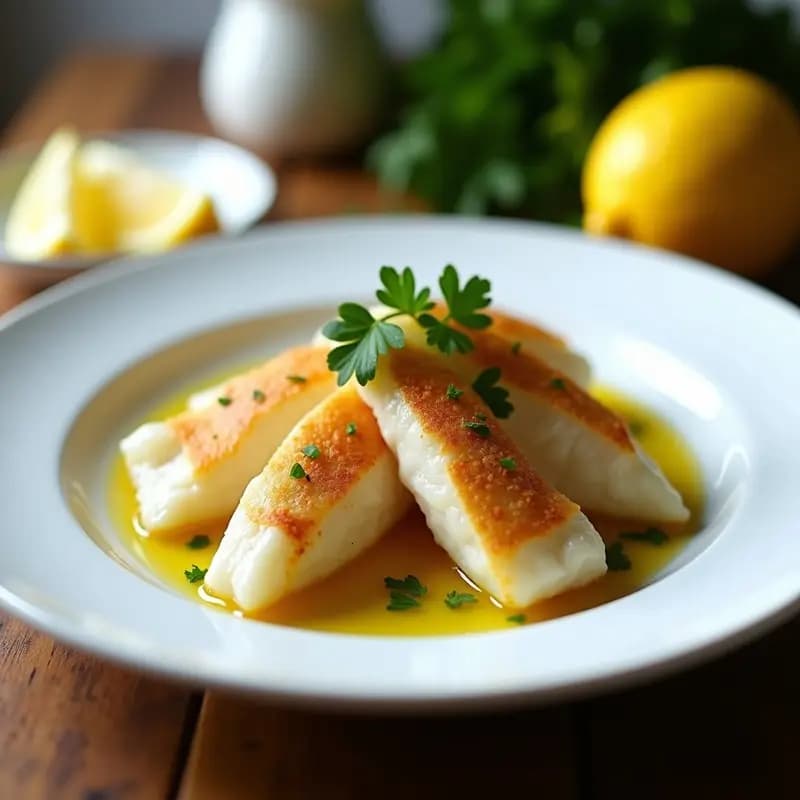 Plato blanco con flores de bacalao doradas a la plancha, decoradas con gajos de limón y perejil fresco, receta tradicional española en 10 minutos.