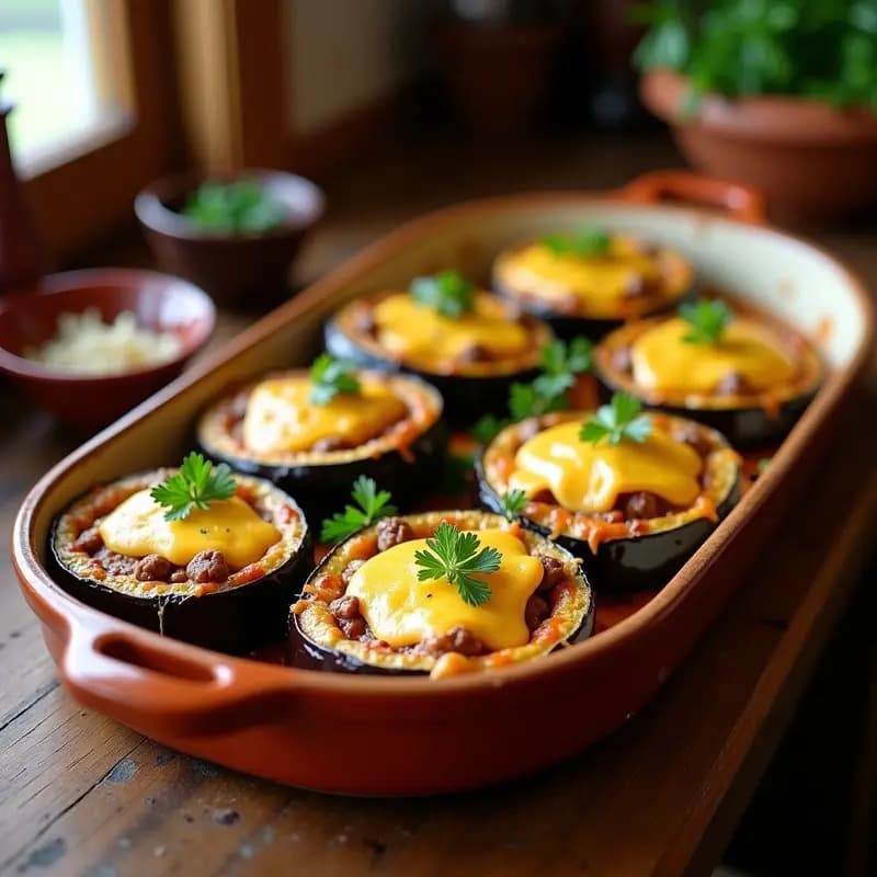 Flores de berenjena rellenas de carne picada horneadas, con queso gratinado dorado y perejil fresco, servidas en una bandeja de barro rústica sobre fondo de madera.