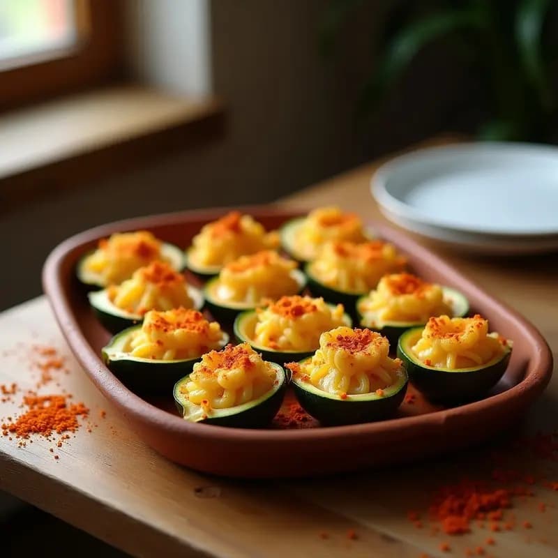 Bandeja rústica de barro con flores de calabacín rellenas de queso Idiazábal gratinadas, doradas por encima con pan rallado y pimentón, servidas como tapa vegetariana con toques ahumados.