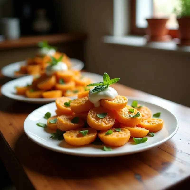 Plato blanco con flores fritas de calabacín doradas y crujientes, servidas junto a un cuenco pequeño de salsa de yogur cremosa con hierbas verdes. Fondo rústico de madera con detalles de cocina tradicional española.