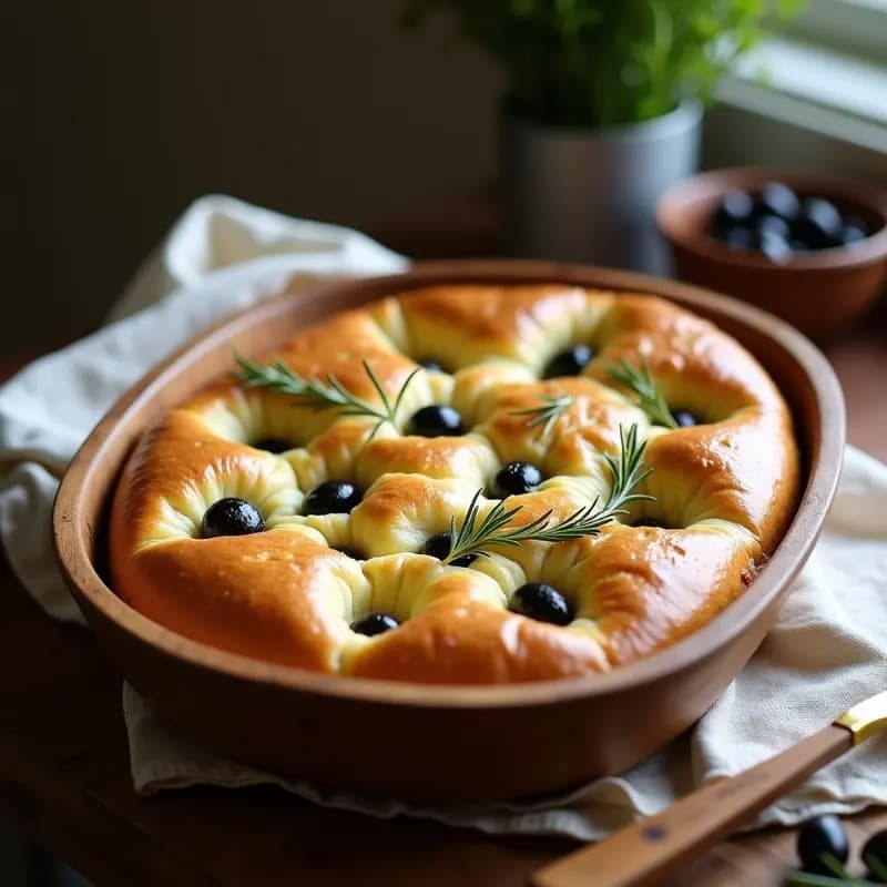Focaccia dorada y esponjosa sin gluten con aceitunas negras y hojas de romero fresco, horneada en molde rectangular, con corteza crujiente y migas aireadas.