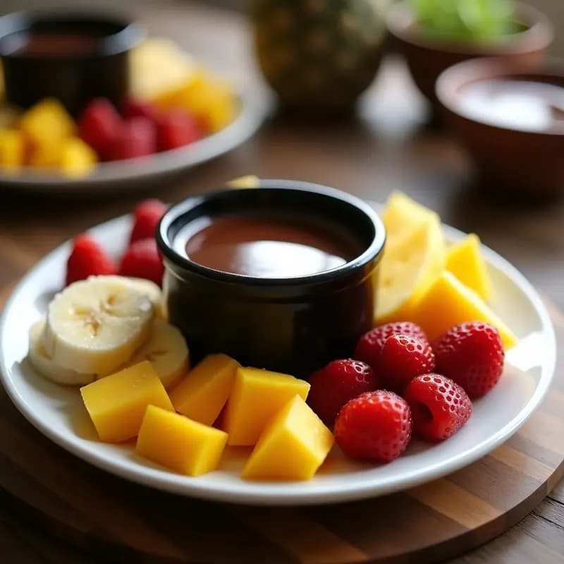 Fondue de chocolate negro 100% derretido en un recipiente de cerámica negro, rodeado de trozos de plátano, piña, mango y fresas frescas. Postre suizo sin azúcar para diabéticos, con textura brillante y cremosa.