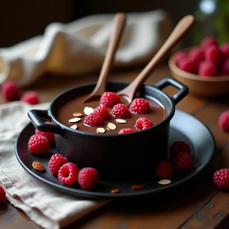 Fondue de chocolate negro brillante en cazo pequeño de hierro fundido, con frambuesas frescas y almendras fileteadas sumergidas, servido sobre mantel rústico con cucharas de madera.