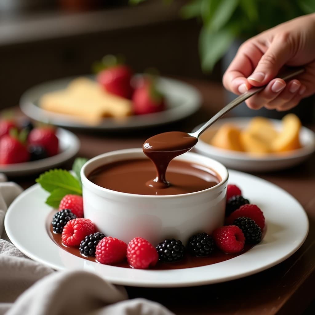 Fondue de chocolate negro brillante en cuenco de cerámica oscura, con fresas frescas cortadas por la mitad sumergidas parcialmente, espolvoreado con cacao en polvo y rodeado de semillas de chía. Ambiente cálido con velas y servilleta de lino.