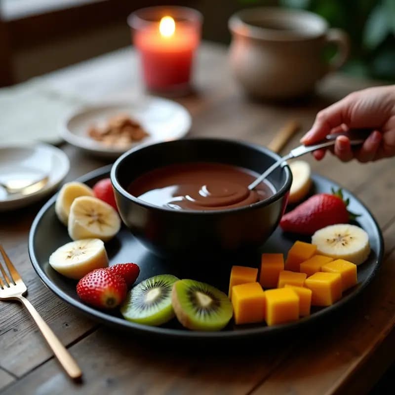 Fondue de chocolate negro brillante en cuenco de cerámica oscuro, rodeado de plátano en rodajas, fresas, kiwi y mango en cubos. Almendras fileteadas tostadas y pimienta rosa espolvoreada al lado. Ambiente cálido con velas y tenedores largos para mojar.