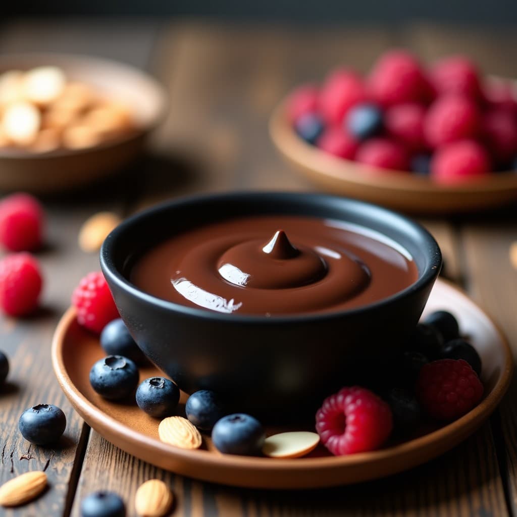 Fondue de chocolate negro vegano sin azúcar en bol pequeño de cerámica negra, rodeado de frambuesas, arándanos y almendras fileteadas, con textura brillante y sedosa.