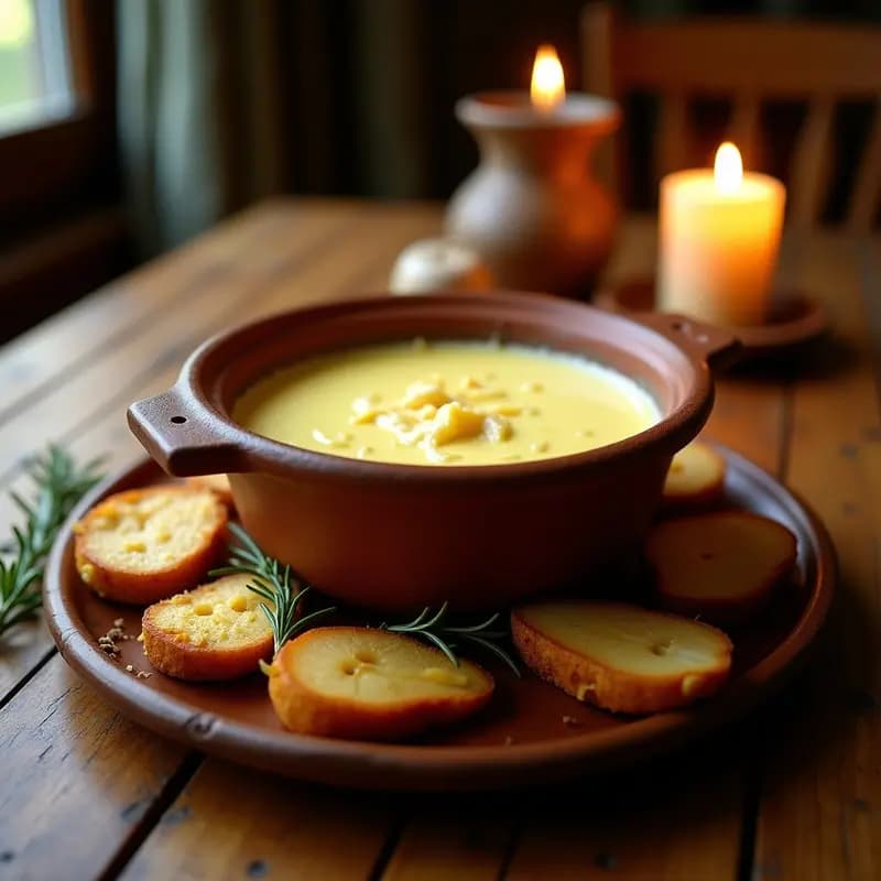 Fondue cremosa de queso azul en cazuela de barro sobre mesa rústica, acompañada de trozos de pan de maíz tostado y gajos de peras al vino tinto, con velas y servilletas de lino.