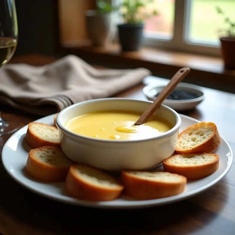 Fondue de queso francés cremoso y dorado en cazuela de barro sobre mesa rústica, acompañado de tostadas de pan de centeno crujientes y rodajas de manzana verde. Receta sin lactosa en Thermomix.