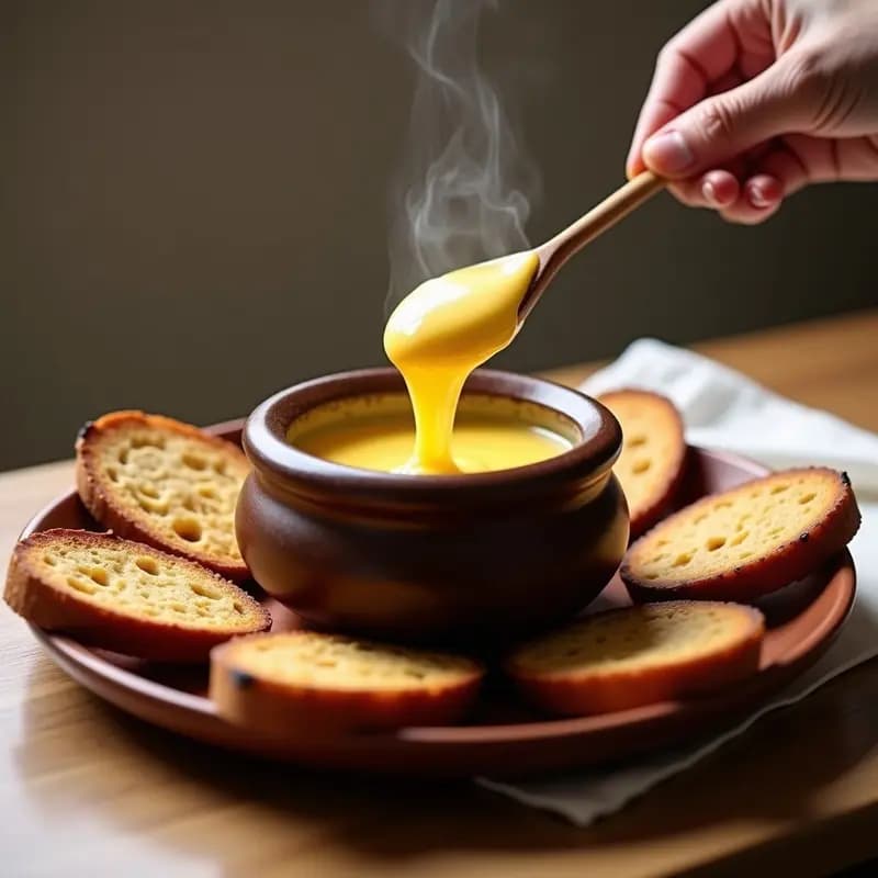 Fondue de queso Gruyère cremosa en recipiente térmico de barro, acompañada de bastones de pan de centeno tostado y dorado, sobre una mesa rústica de madera con un fondo de montaña suiza.