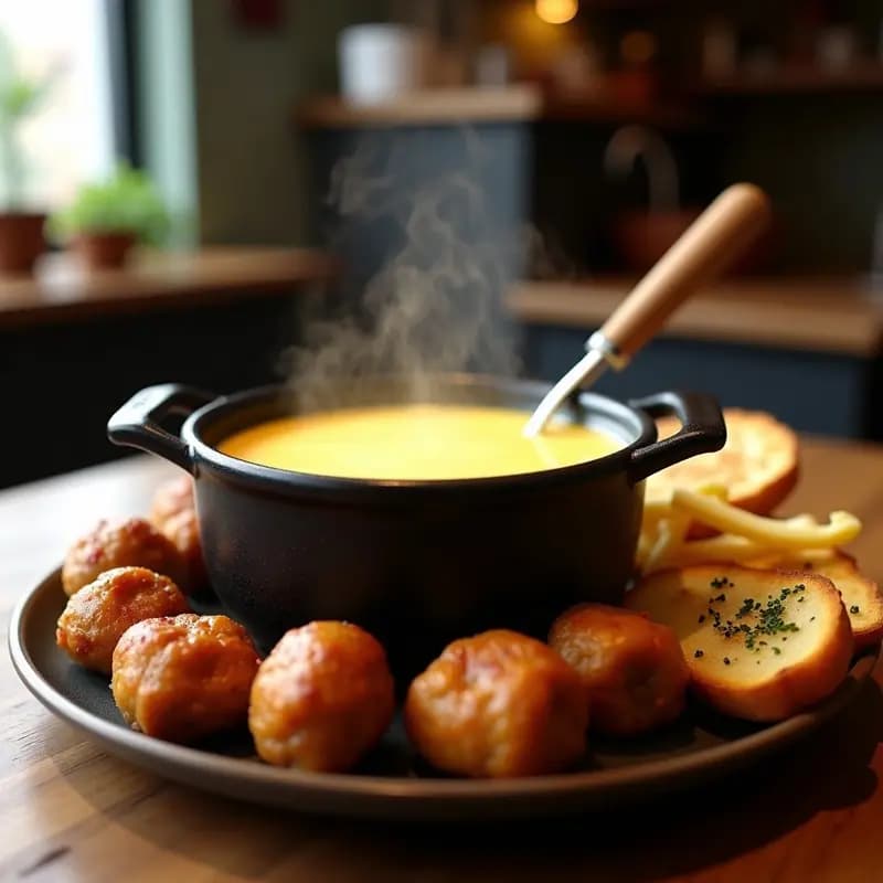 Fondue de queso cremoso en una cazuela negra con albóndigas de carne doradas, patatas fritas crujientes y rebanadas de pan de ajo tostado alrededor, listo para mojar.
