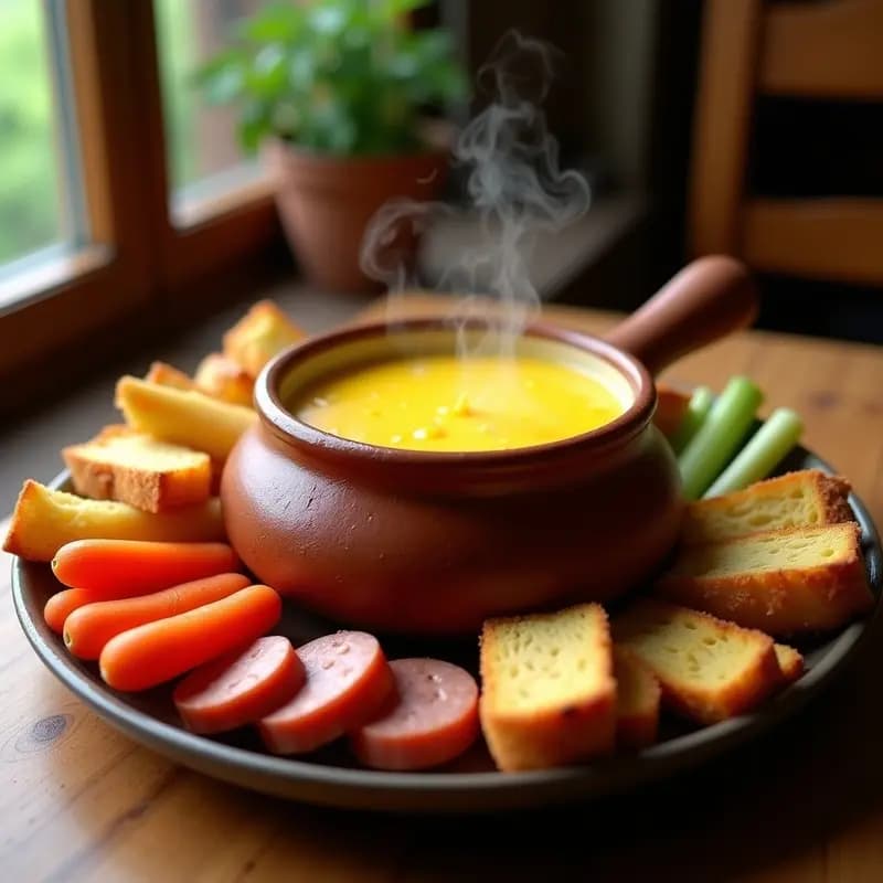 Cazuela de barro humeante con fondue de queso cremoso, rodeada de pan tostado dorado, salchichas Frankfurt en rodajas, patatas fritas crujientes, zanahorias baby y apio, sobre una mesa rústica de madera con servilletas de papel. Receta de fondue de queso con pan, salchichas y vegetales para mojar.