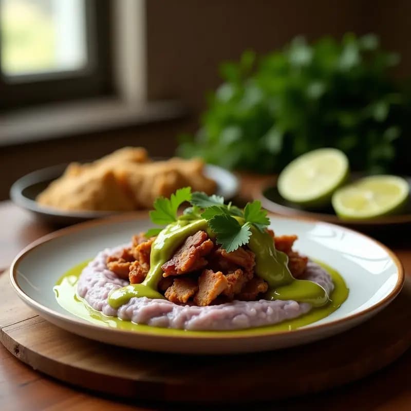 Plato tradicional cubano de forro de cerdo desmenuzado sobre puré de malanga cremoso, bañado con mojo criollo verde, servido en un plato de barro rústico con cilantro fresco.
